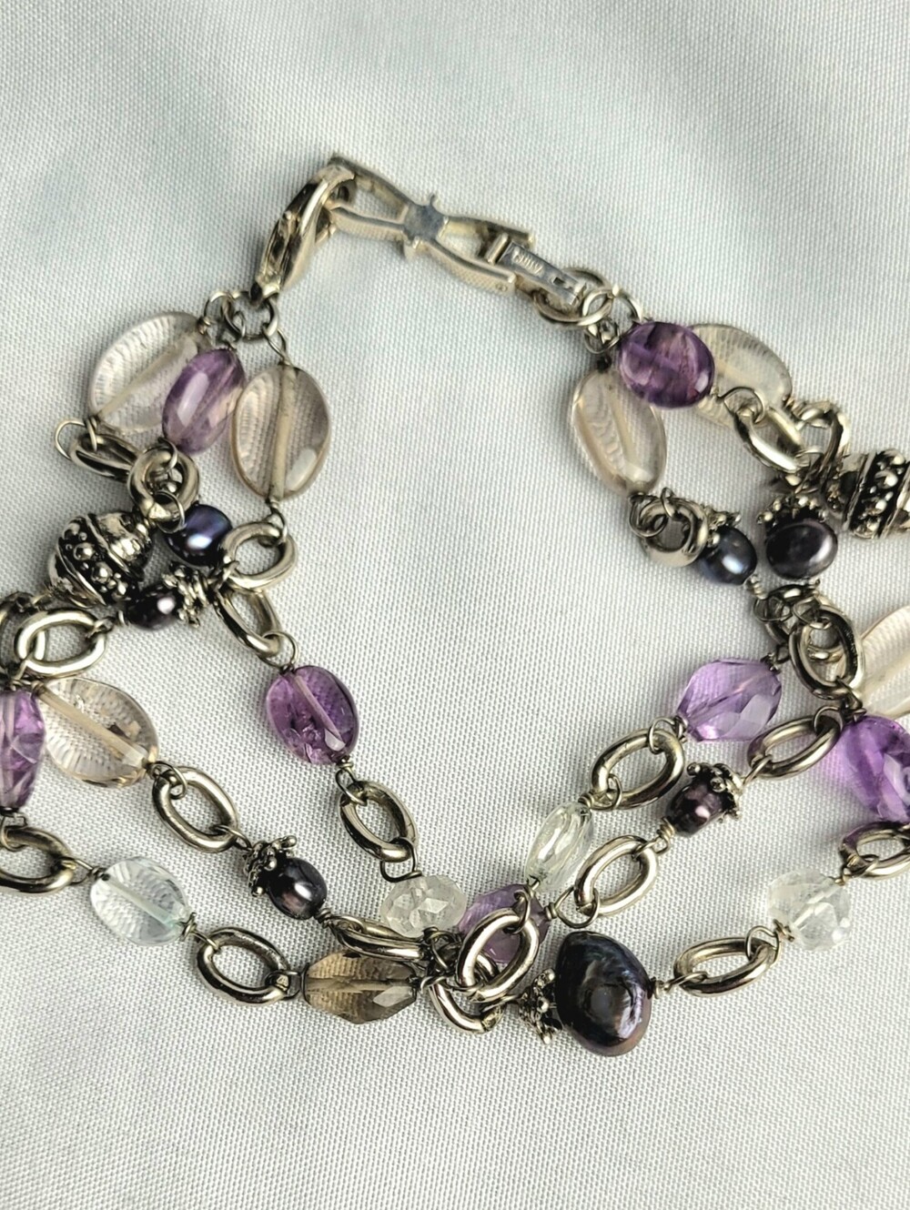 Multi-Strand Silver Tone Bracelet with Purple and Clear Beads Vintage Style 9"